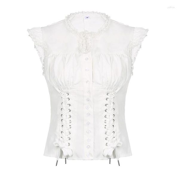 Женские блузки 2023, кружевные белые укороченные топы с повязками, женские рубашки Fairy Grunge Sweet Y2k Kawaii, корейская блузка в стиле Харадзюку, винтажная повседневная одежда