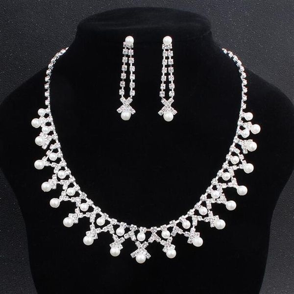 2022 Bling Peals Set di gioielli da sposa Collana in argento placcato bianco Orecchini di perle Set di gioielli da sposa per la sposa Damigelle d'onore donne261t