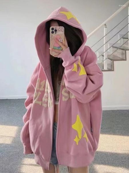 Hoodies femininos houzhou kawaii rosa hoodie zip up harajuku oversized moletom outono y2k carta impressão casaco com capuz moda coreana