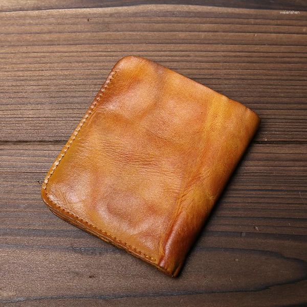 Brieftaschen Original Echtleder-Geldbörse für Herren, handbemalt, pflanzlich gegerbtes Rindsleder, kurzer Stil, personalisierter Reißverschluss