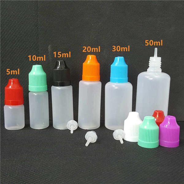 5 ml 10 ml 15 ml 20 ml 30 ml 50 ml Bottiglia di imballaggio in plastica Morbido traslucido Contagocce Ago Tappi a prova di bambino per oli essenziali Succhi liquidi Imballaggio di stoccaggio cosmetico