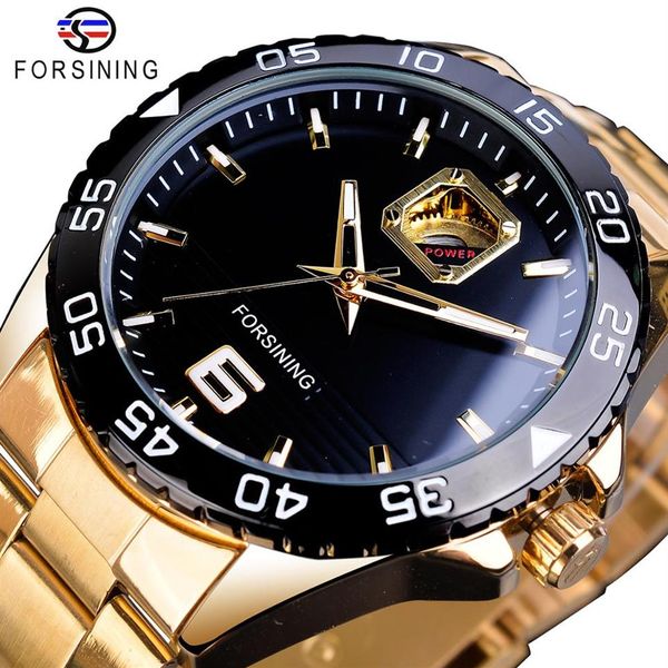 Forsining relógios mecânicos masculinos marca superior de luxo automático homem relógios ouro aço inoxidável à prova dwaterproof água luminosa mãos clock302u