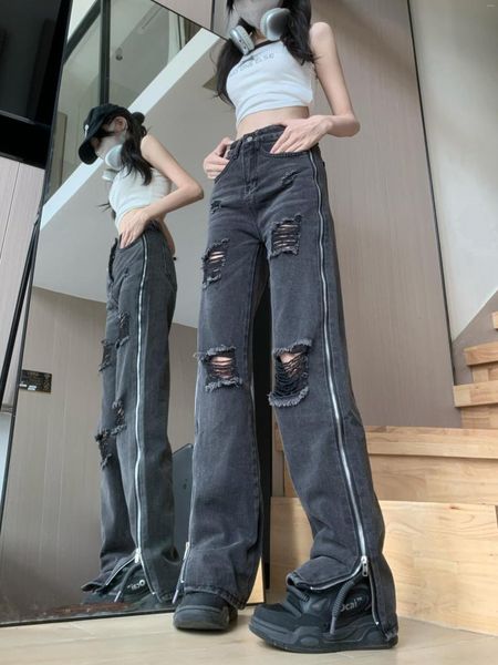 Женские джинсы, черные, серые, модные, с дырками на молнии, свободные винтажные дизайнерские широкие брюки Y2k