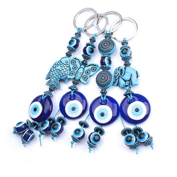 1 Stück Truthahn böser Blick blauer Schlüsselanhänger 4 Stile Harz Tier Fisch Elefant Schmetterling 14 mm böser Blick blaue Perlen mit Glas runder Schlüssel336n