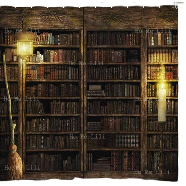 Duş perdeleri vintage kitaplık cadı sihirli laboratuvar kütüphanesi broom cadılar bayramı karanlık kulübe backgroudn sanat boyama perdesi kancalar
