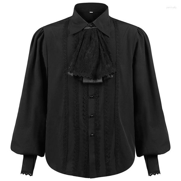 Camisas de vestido masculinas Preto Turn-down Collar Mangas Compridas Homens Cosplay Medieval Vintage Halloween Pirata Camisa Steampunk Victorian Top Gótico