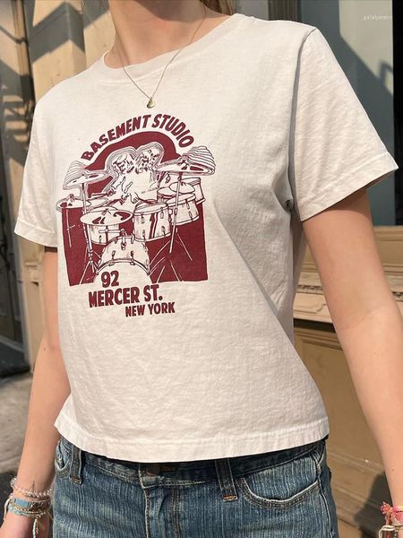 Kadın Tişörtleri Amerikan Retro Davul Kiti Baskı Tees Sıradan Yaz Yuvarlak Boyun Pamuk Kısa Kollu Tişörtler Kadın Y2K Street Giyim Harajuku Tops