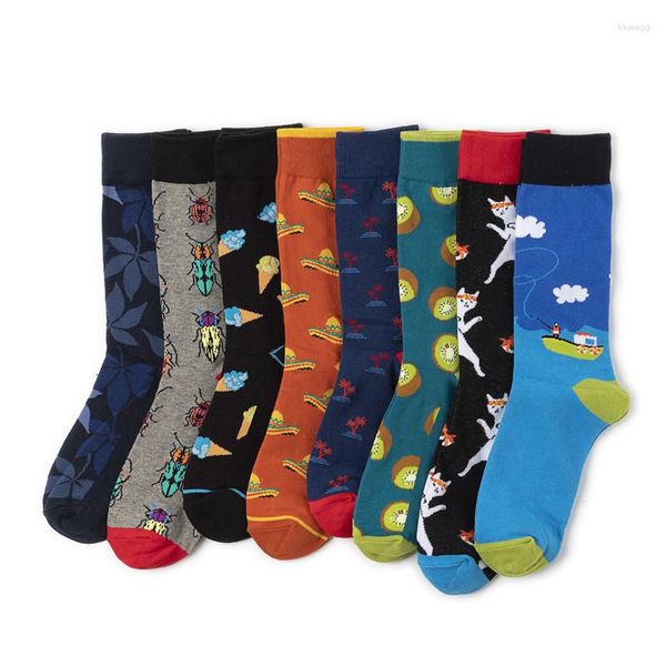 Мужские носки, модные мужские носки средней длины с рукавами, женские носки из чесаного хлопка с фруктами, оптовая продажа с животными