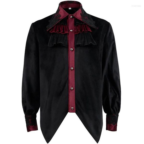 Vestido masculino camisas preto e vermelho flanela bordado turn-down colarinho renascentista medieval vintage top 2023 camisa steampunk para homens gótico
