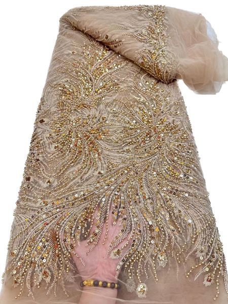 2023 di alta qualità ricamo paillettes pizzo cucito artigianale tessuto a rete francese abito in rilievo africano abito festa banchetto stile nigeriano design oro costumi donna nuovo KY-3044