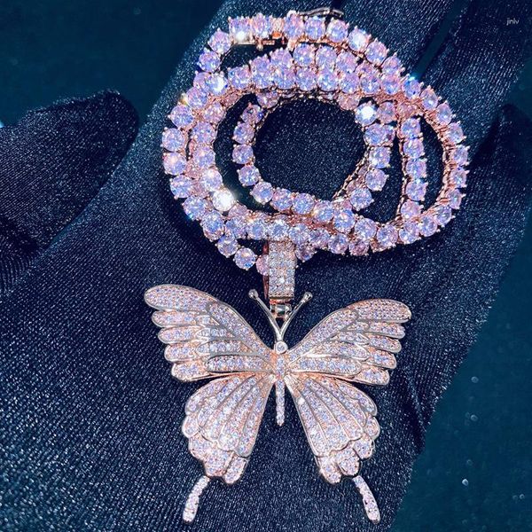 Anhänger Halsketten Alle Rosa CZ Stein Gepflastert Bling Iced Out Schmetterling Anhänger Halskette Für Frauen Männer Hip Hop Rapper Schmuck mit 18 zoll Tennis