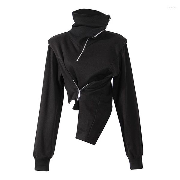 Frauen Hoodies 2023 Diagonal Zipper High Neck Unregelmäßigen Saum Bund Langarm Pullover Kurze Top Frühling Persönlichkeit Tragen