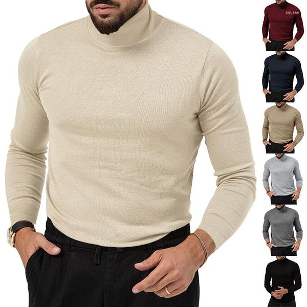 Suéter masculino casual slim fit básico, pulôver térmico de malha com gola alta