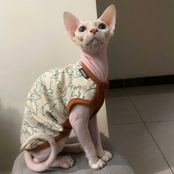 Trajes de gato Sphynx Cat Cotton Vest Hairless Cat Clothes Dinosaur Suspenser Devon Rex Soft Cartoon Suspensórios Cartton Shirt para Pet no verão HKD230921