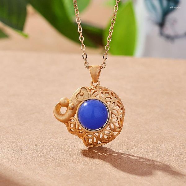 Correntes Design Criativo Antigo Artesanato de Ouro Estilo Chinês Auspicioso Elefante Pingente Lapis Lazuli Colar Clavícula Cadeia Jóias