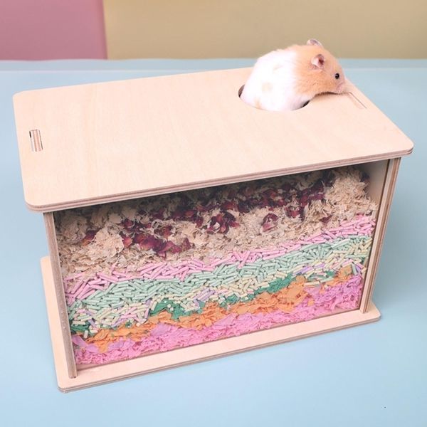 Outros suprimentos para animais de estimação Hamster janela transparente 6cm buraco casa de madeira esconderijo cobaias recipiente de banho pequenos animais areia caixa produtos 230920