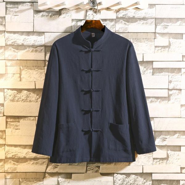 Camicie casual da uomo 2023 Abito tradizionale cinese Tang Hanfu Kimono Camicia di lino Tinta unita Colletto alla coreana Shrts Uomo Cardigan Retro Button Top