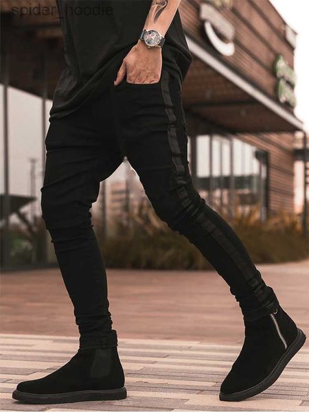Мужские джинсы Новый дизайн Винтаж Мужская мода Slim Fit Джинсы Брюки Черные джинсовые брюки с боковой полосой Мужские джинсы в стиле хип-хоп Уличная одежда Размер 32 34 L230921
