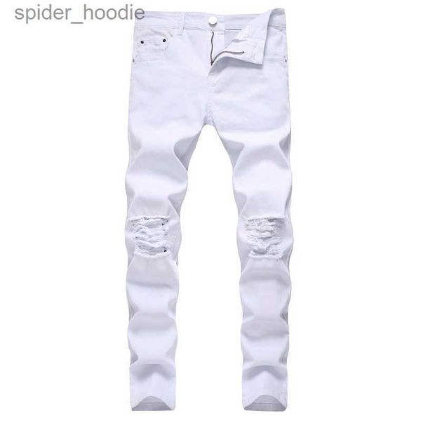 Jeans masculinos nova marca de moda de alta qualidade estiramento joelho rasgado preto magro jeans homens magro hip hop swag calças elásticas menino rasgado calças masculinas l230921