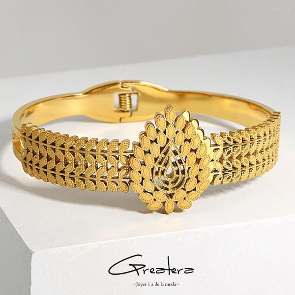 Bangle Greatera Aço Inoxidável Grande Lágrima Folhas Pulseiras Pulseiras Para Mulheres Banhado A Ouro Metal Planta Folha Jóias