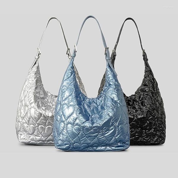 Borse da sera Casual Love Hearts trapuntato da donna Hobo a spalla Borse imbottite in nylon Borsa tote di grande capacità Borse invernali argento 2023