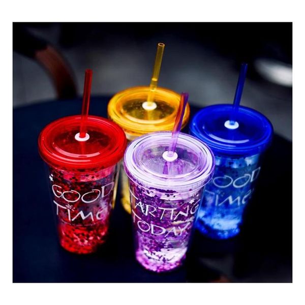 Tumblers 50 Teile/los 450 ml Kreative Farbige Doppelschicht Plastikbecher Mit Deckel Sommer Gold Pulver Saft Tassen Wasserbecher-Mit St 15,5X6,5 C Dhfsw