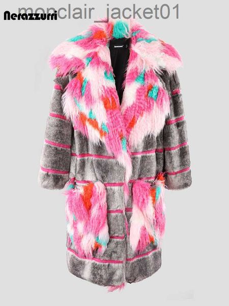 Женское меховое пальто из искусственного меха нерадзурри, зимнее длинное, свободное, стильное, теплое, мягкое, пушистое, в полоску, в стиле пэчворк, женское пальто из искусственного меха с ярким большим воротником и карманами J230921