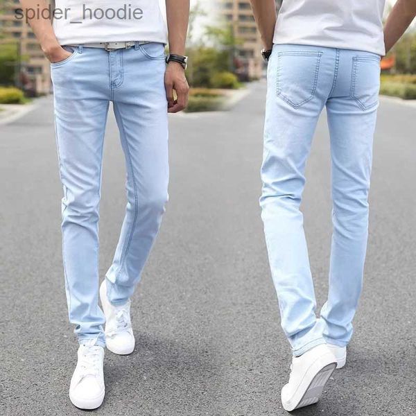 Jeans masculinos 2023 novos homens estiramento jeans magros masculino designer marca super elástico calças retas jeans fino ajuste moda jeans céu azul l230921