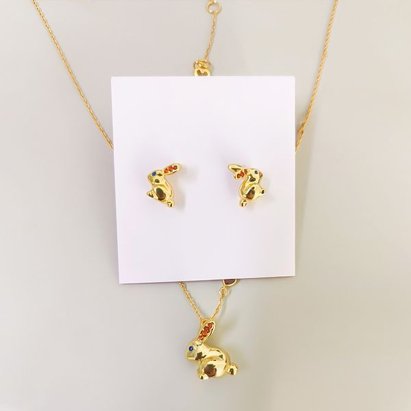 Conjunto de colar de brincos de coelho dourado Conjunto de joias de animais de cristal colorido