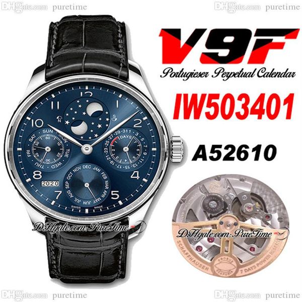 V9F 503312 Calendário Perpétuo A52610 Relógio Masculino Automático Aço Mostrador Azul Marcadores de Prata Fase da Lua Reserva de Energia Couro Preto St219d