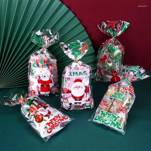 Envoltório de presente 50 pcs Natal plástico doces sacos biscoitos flocos de neve Papai Noel Xmas embalagem bolsa ano favores