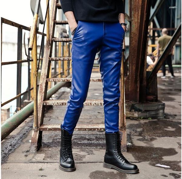 Männer Hosen Herbst Winter Mode Persönlichkeit Motorrad Faux Leder Herren Füße Pu Hosen Für Männer Pantalon Homme Blau