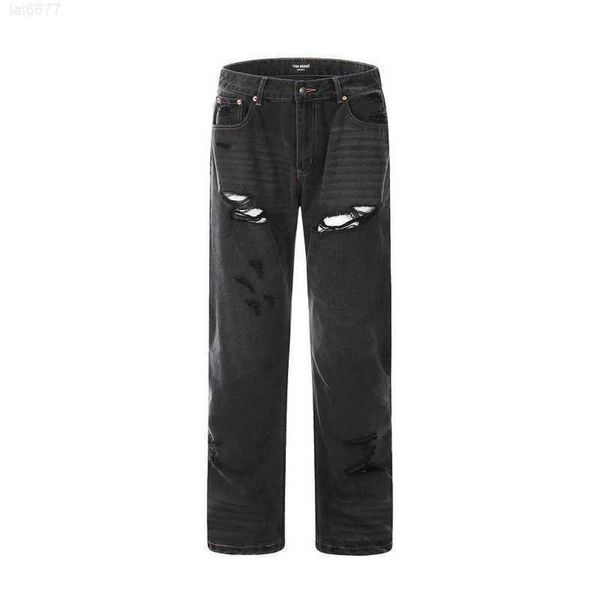 Marca de moda de rua alta faca corte buraco textura preto cinza lavado velho gato barba barril reto micro chifre jeansfmm9