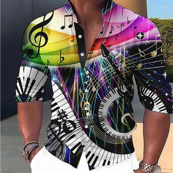 Camicie eleganti da uomo Lino Moda Colletto alla coreana Uomo Cool Music Festival Note Tasti del pianoforte Stampa HD Maniche lunghe Party 2023 Taglie forti