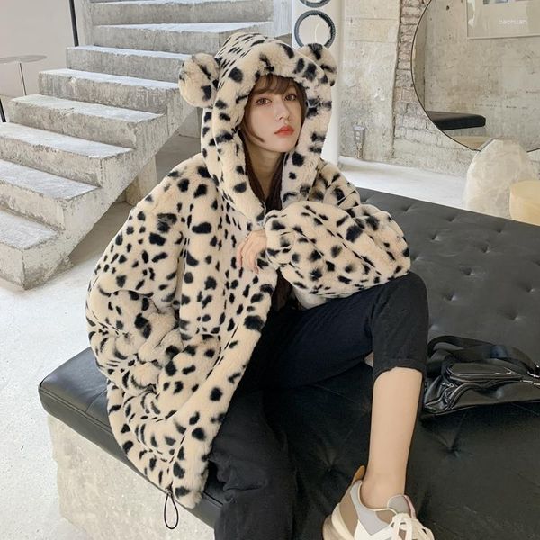 Pele feminina coreano leopardo impressão com capuz curto imitação casaco de inverno feminino solto casual manga longa engrossar quente falso outwear