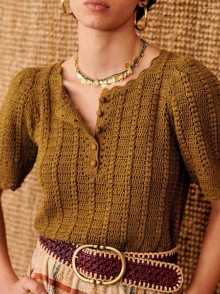 Suéteres femininos Rowling Mirror Hollow Out Button Knit Sweater Mulheres 2023 Manga Curta O Pescoço Pulôver Blusa Tees Vintage Casual Férias