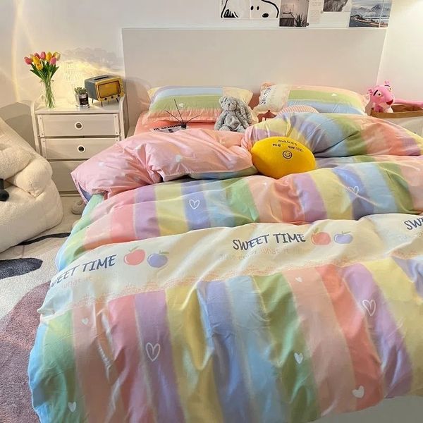 Conjuntos de cama Set Kids Adultos Rainbow Twin Duvet Capa com Folha de Cama Plana e Fronha Poliéster Macio Sem Enchimento Queen Bed Roupa 230921