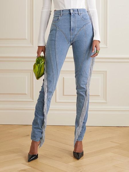 Kadın Pantolon 2023 Moda Elastik Kotları İnce Uygun Yüksek Bel Elmas Zincir Püsküller Sıska Denim Pencli
