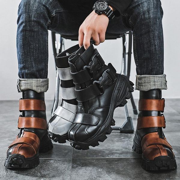 Botas masculinas moda tático couro genuíno motocicleta militar combate gótico crânio punk mid-calf cowboy rock