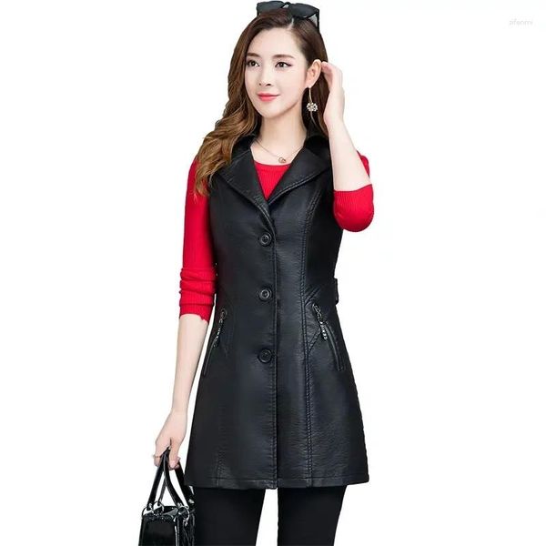 Jaqueta de couro feminina colete casaco médio longo 2023 primavera outono versão coreana terno fora tomar senhoras
