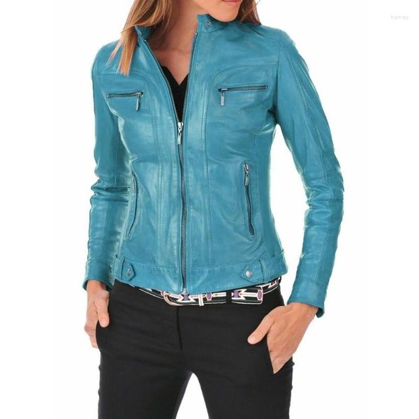 Herrenjacken Damen Lederjacke Lammfell Biker Türkis Blau Europäische und amerikanische Modetrends