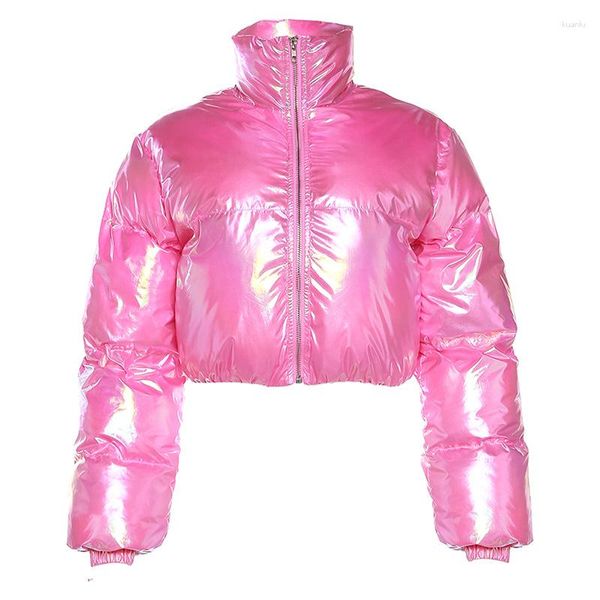 Trench da donna invernali carini da donna Piumino in pelle PU brillante Bolla calda Parka rosa lucido Giù giacche corte slim Kawaii