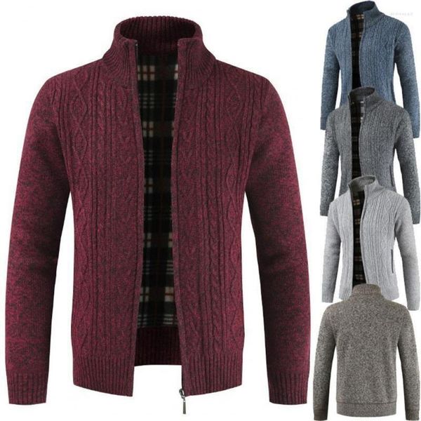 Suéter masculino cardigan jaqueta de malha aconchegante suéter de malha inverno com gola com zíper bolsos quentes