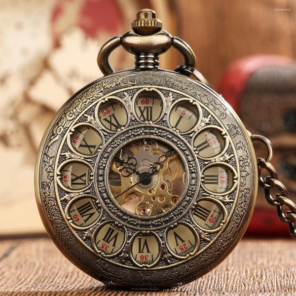 Relógios de bolso numerais romanos transparente oco flores bronze relógio mecânico mão enrolamento antigo presentes aniversário fob corrente relógio