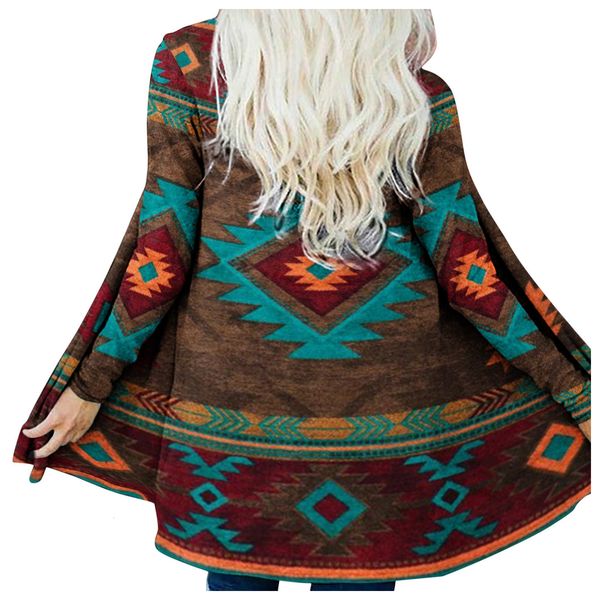 Mulheres Knits Tees Mulheres Retro Impressão Étnica Cardigan Top Coat Casual Aztec Imprimir Camisa de Manga Longa Cardigan Top Coat Western Étnico Cardigan Casaco 230920