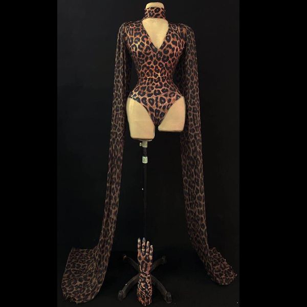 Sexy leopardo impresso bodysuit com decote em v elastano xale luvas festa palco outfit feminino dançarino cantor boate bar dj ds desempenho c323o