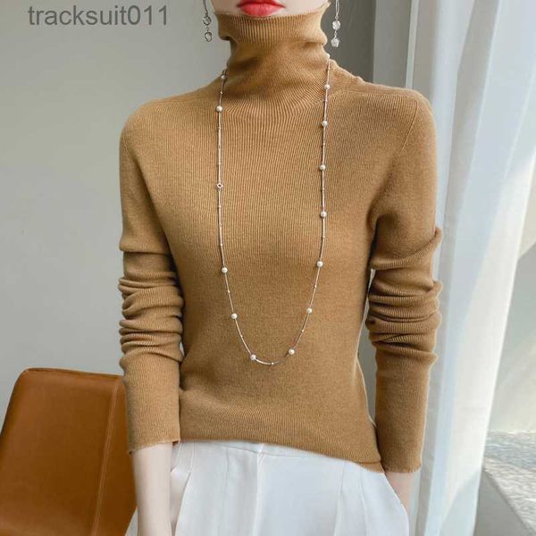 Kadın Sweaters Sonbahar Kış Yeni Örme Yünlü Kazak Kadın Yüksek Boyun Külot Uzun Kollu Gevşek Renk Slim Style Örme Gömlek Top L230921