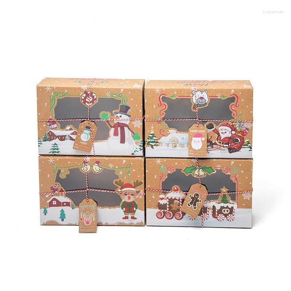 Confezione regalo 4 pezzi Scatola natalizia con finestra aperta pieghevole Carta kraft trasparente Confezione di carta bianca