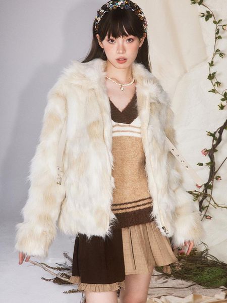 Casaco longo quente de pele feminina, jaqueta integrada peluda ecológica falsa vintage roupas de inverno 2023
