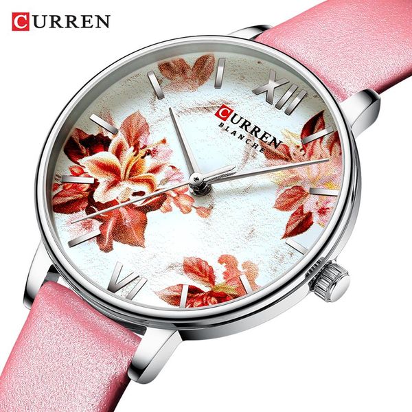 Часы CURREN с кожаным ремешком, женские кварцевые часы, красивые розовые наручные часы, женские часы, женский модный дизайн, очаровательный Wat285L